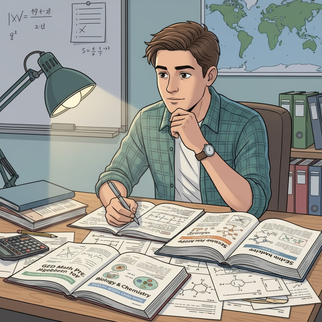A student is sitting at a desk, surrounded by GED math and science books and papers, studying intently. Student studying GED math and science resources at a desk
