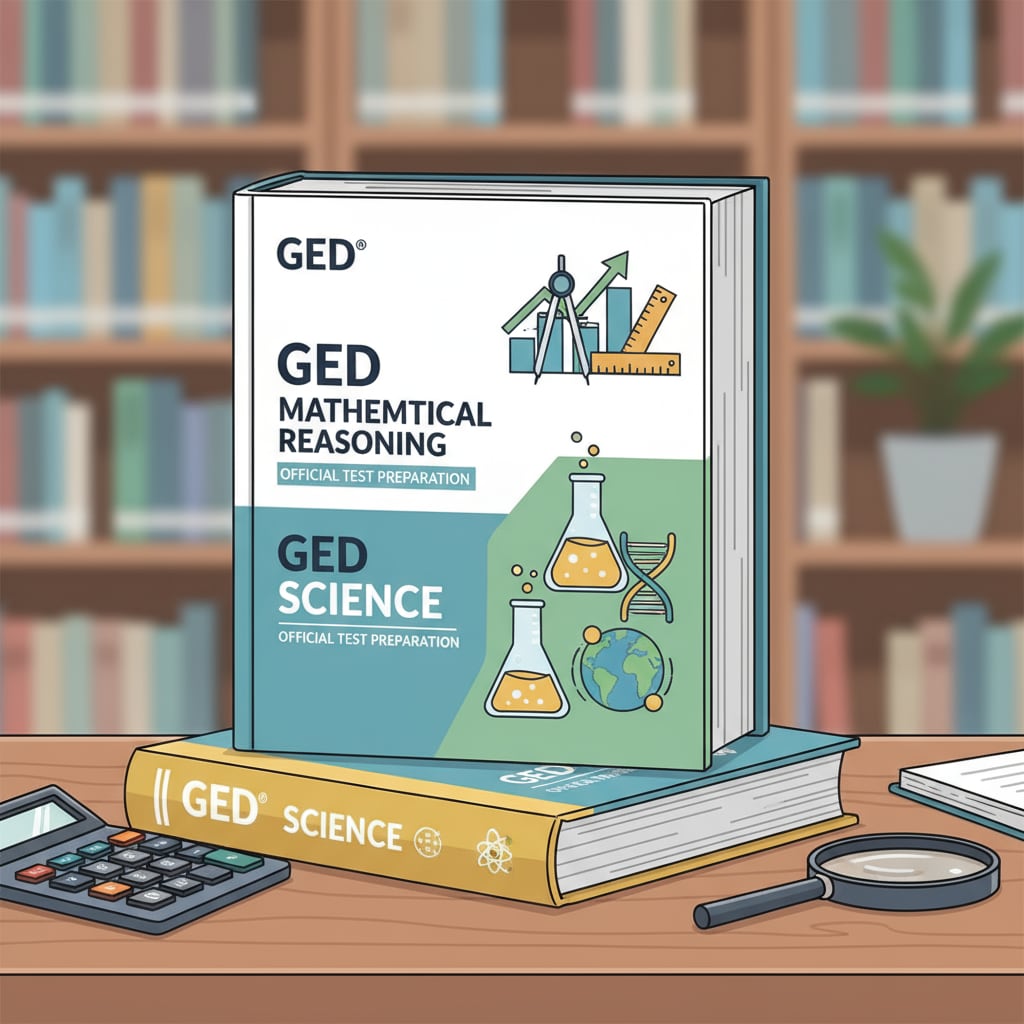 A stack of official GED math and science textbooks neatly arranged on a table. Stack of official GED math and science textbooks