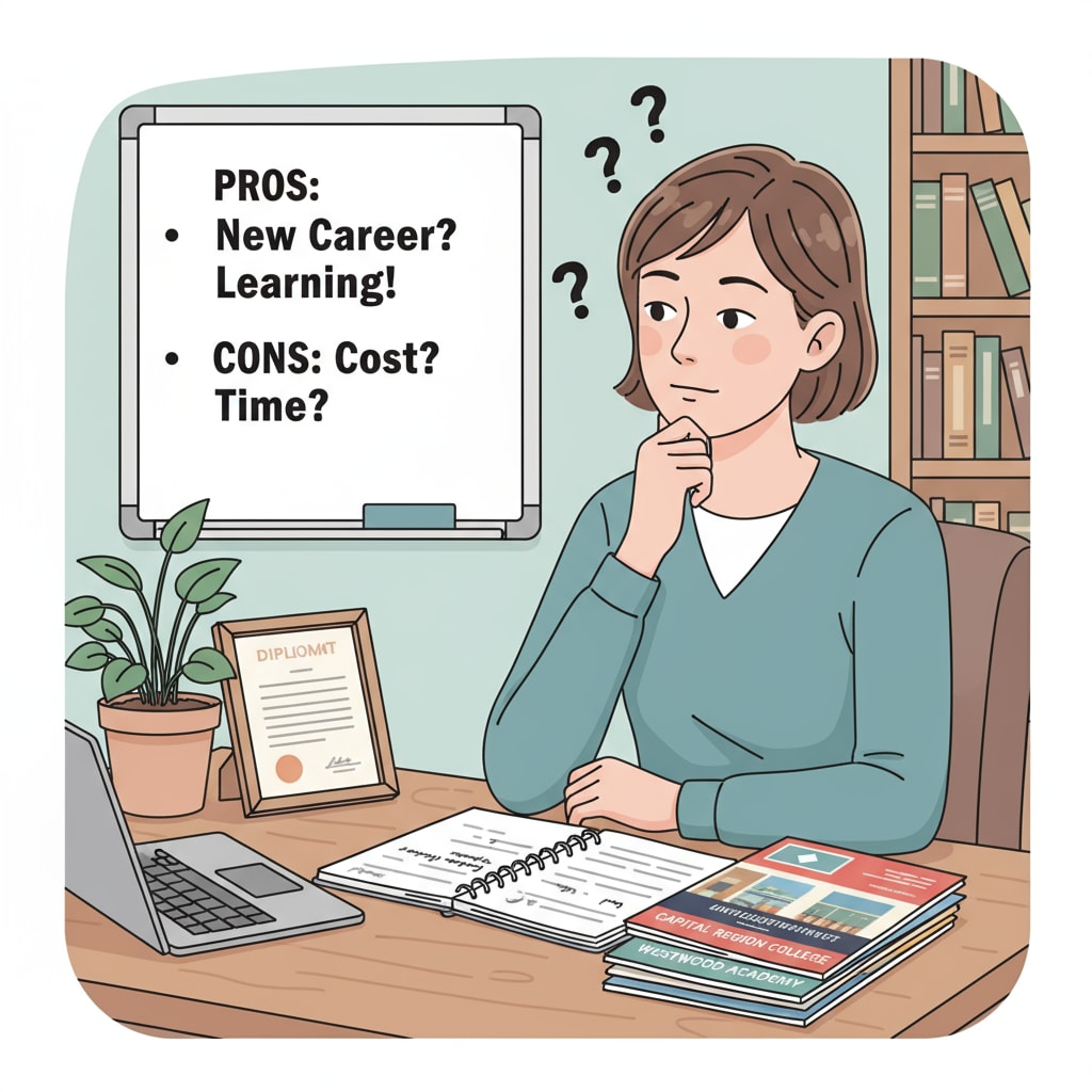 A young 23-year-old person sitting at a desk, looking at college brochures, pondering the decision to return to school A 23-year-old considering returning to school for educational and career reasons