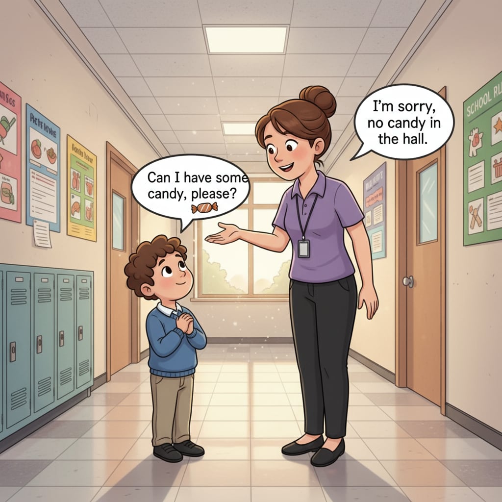 A scene in a school corridor where a child is looking up at a school staff member, asking for candy. A child asking a school staff member for candy, highlighting family relationships, workplace boundaries, and children's behavior