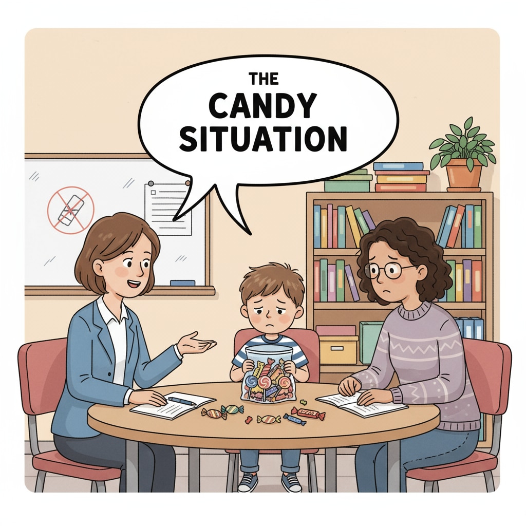 A meeting between a school staff member, a child, and the child's parent, discussing the candy situation. A discussion about the candy situation among a school staff member, a child, and the child's parent, related to family relationships, workplace boundaries, and children's behavior