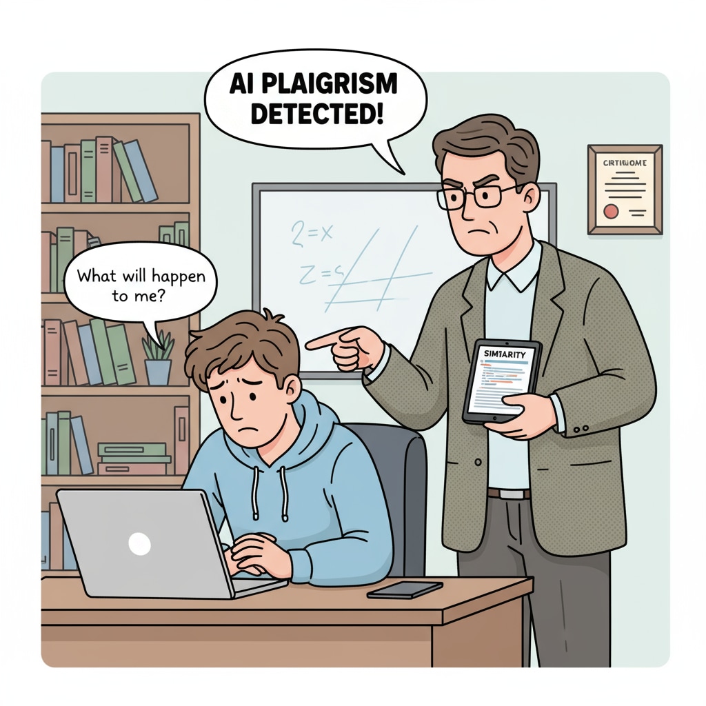 A student is shown sitting at a desk, looking worried as a professor confronts them with an accusation of using AI in their assignment. A student facing false accusation of AI use in a university setting