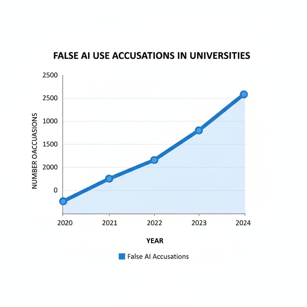 A line graph depicts the upward trend of false AI use accusations in universities over the past few years. Graph showing increase in false AI use accusations in universities