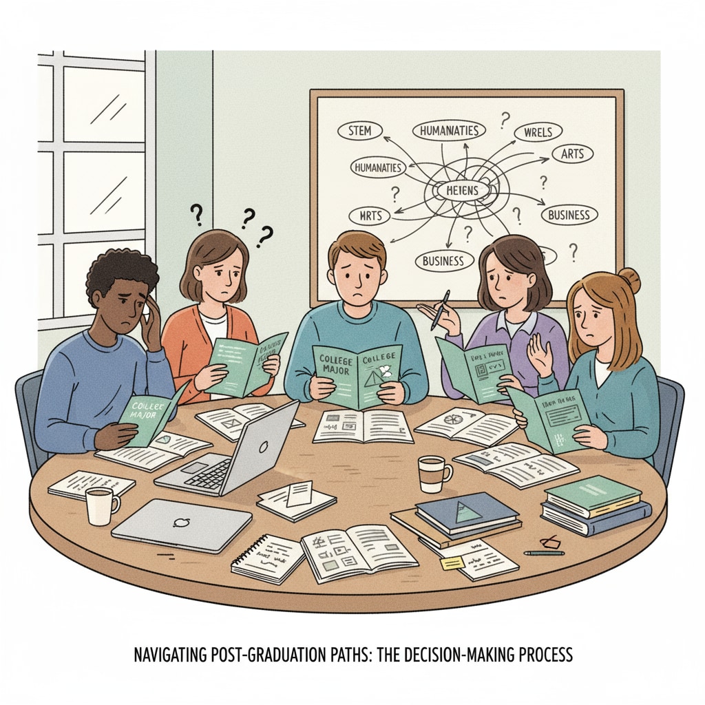 A group of high school students are sitting around a table, looking at brochures about college majors. Some have furrowed brows, deep in thought, while others are engaged in discussions, all showing signs of confusion and the process of thinking about their choices. High school students facing confusion in college major selection related to career direction and interest