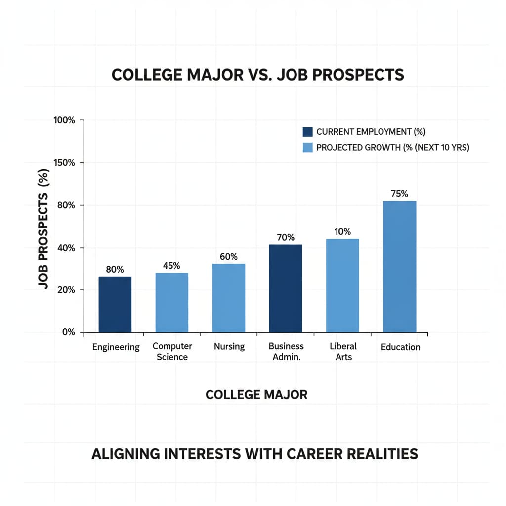 A bar graph with different college majors listed on the x-axis and the corresponding job prospects (represented as a percentage of employment and growth) on the y-axis. The graph shows the disparities in job opportunities among various majors, highlighting the importance of aligning interests with career realities. Graph depicting the relationship between college majors and job prospects relevant to career direction and major selection