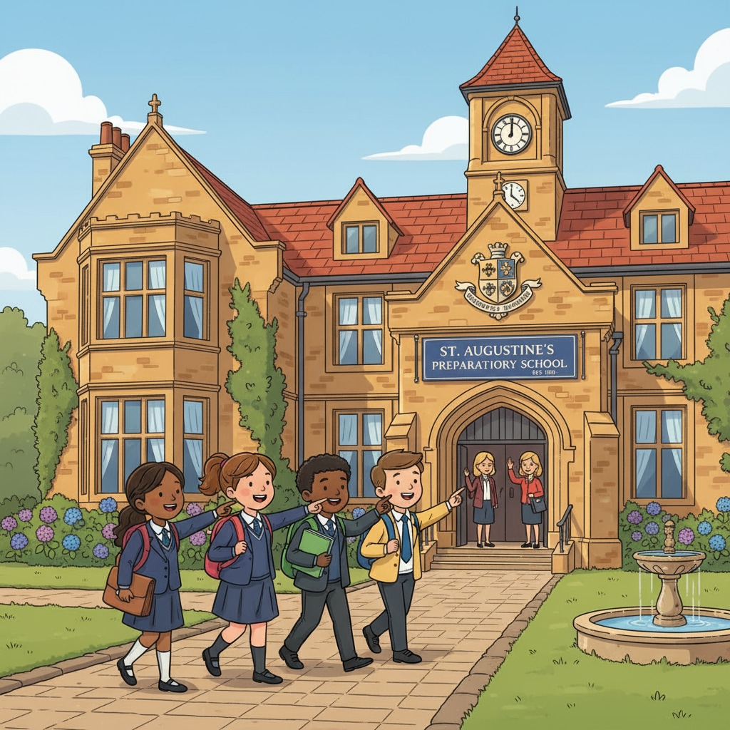 A group of children are seen walking towards the entrance of a beautiful UK private primary school building, looking excited and eager. Children entering a UK private primary school relevant to bursary applications and entrance exams