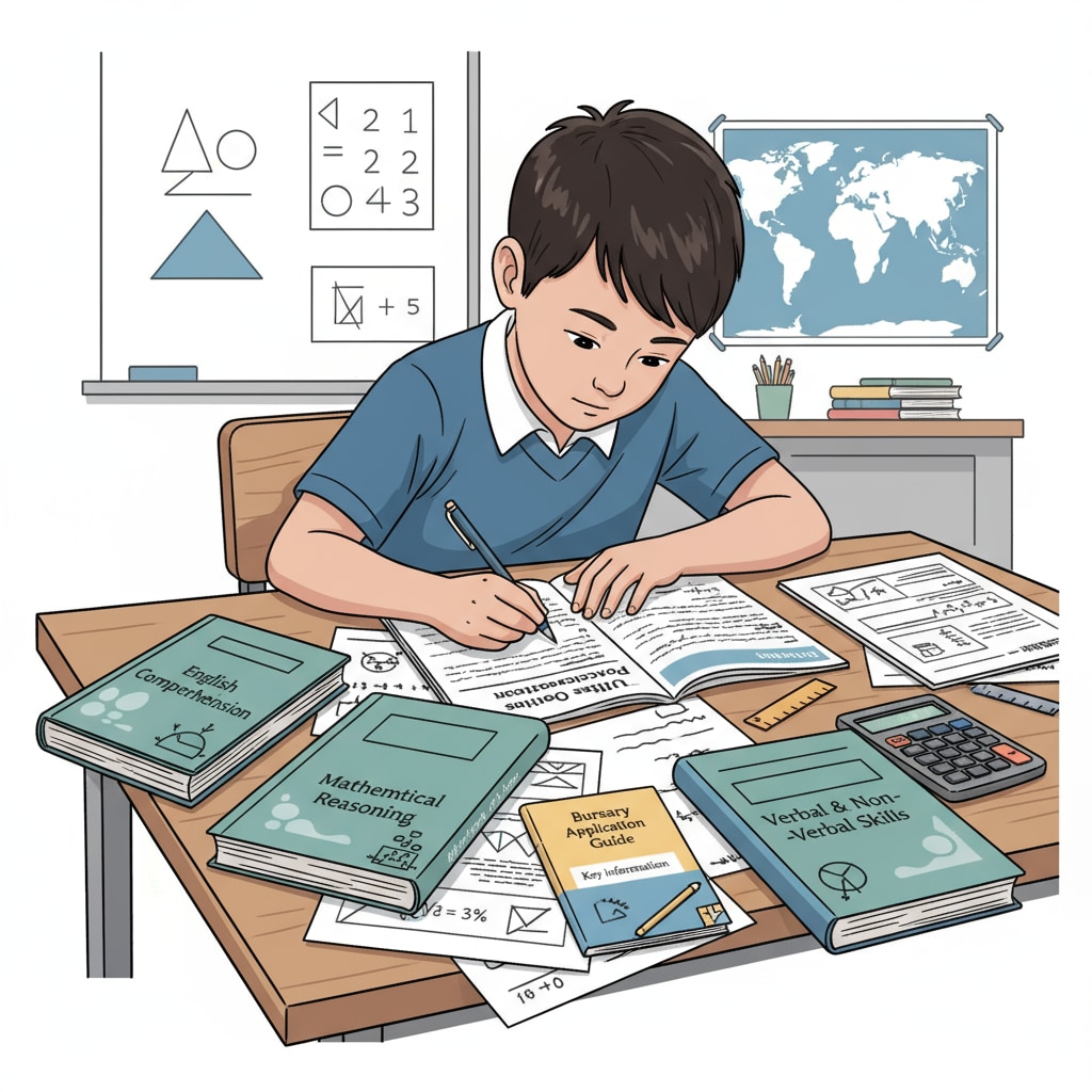 A young student is sitting at a desk, concentrating on solving exam questions, with books and papers around, representing the preparation for UK private primary school entrance exams related to bursary applications. Student studying for UK private primary school entrance exams for bursary applications