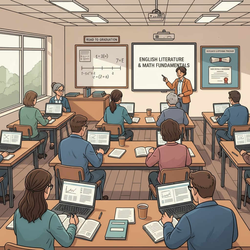 Adults are shown attentively studying in a classroom environment, focusing on materials related to obtaining their high school diplomas. Adults studying for high school diplomas in adult education with GED options