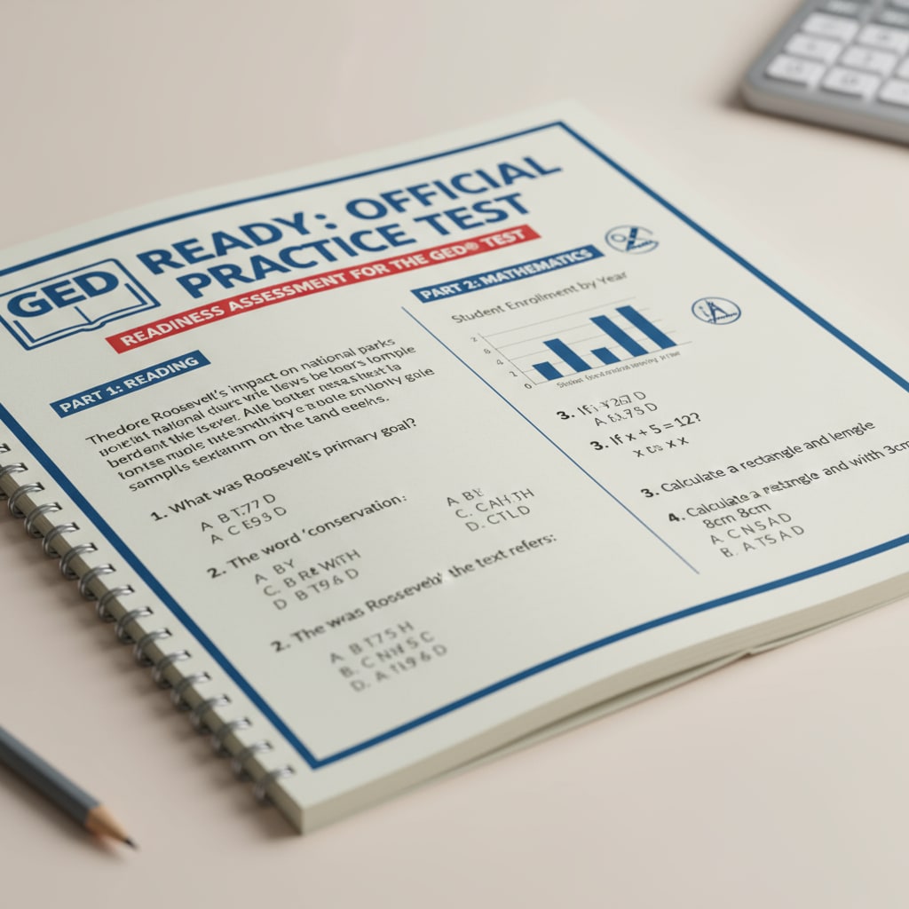 A clear close-up of a GED test booklet, highlighting the title and some sample questions. Close-up of GED test booklet for adult high school equivalency