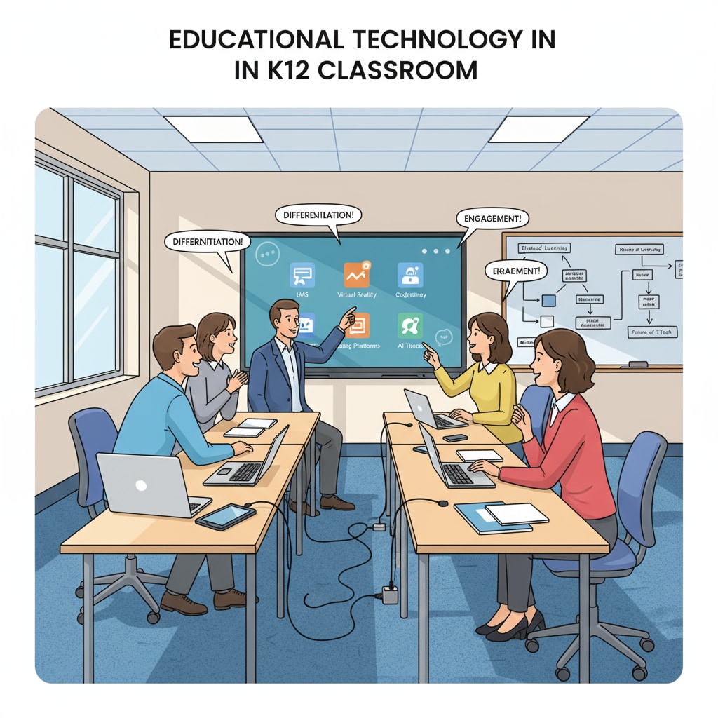 A group of K12 teachers are having a discussion about educational technology tools in a modern and well-equipped classroom. There are laptops and tablets on the desks, and they are looking at some software on the screen. K12 teachers discussing educational technology tools for professional development