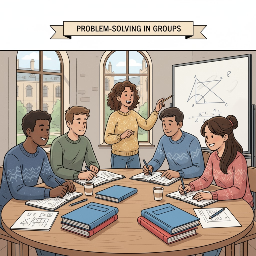 A group of students engaged in a discussion about math problems in a classroom setting typical of European universities. The students are gathered around a table, with notebooks and textbooks open, showing their enthusiasm for learning. Students discussing mathematics in a European university for university major selection, mathematics and programming, European study abroad