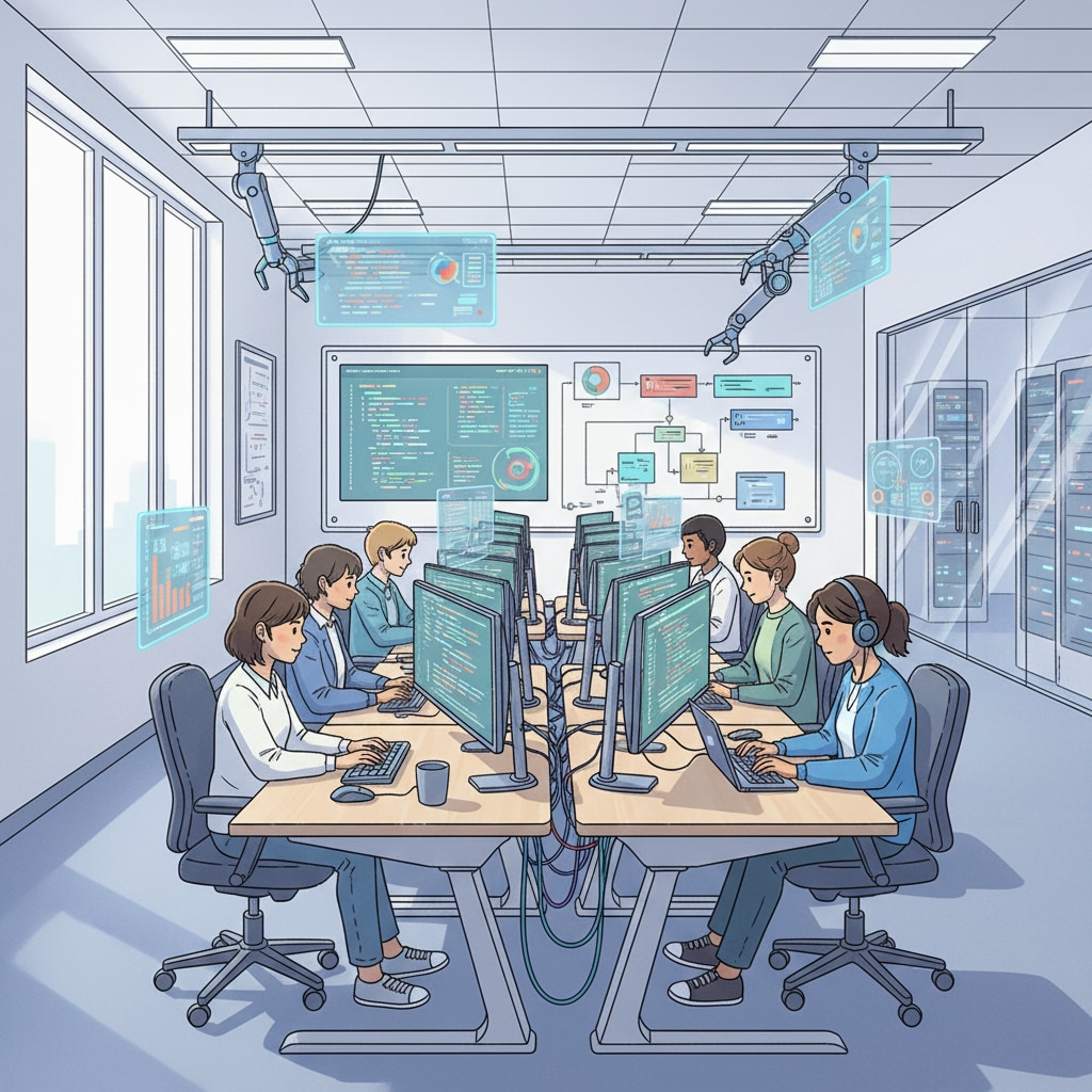 Students are sitting at desks in a modern university lab, focused on coding on their laptops. The lab is equipped with the latest technology, indicating a high-tech learning environment for programming. Students coding in a European university lab for university major selection, mathematics and programming, European study abroad