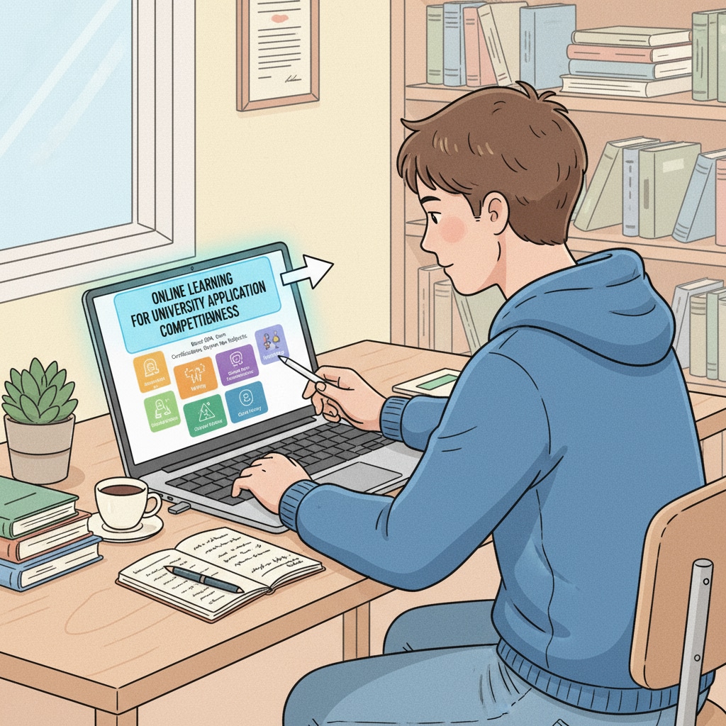 A student is sitting at a desk, studying on a laptop. The screen displays various online courses, highlighting the option of online learning for enhancing university application competitiveness. A student using online learning to boost university application competitiveness
