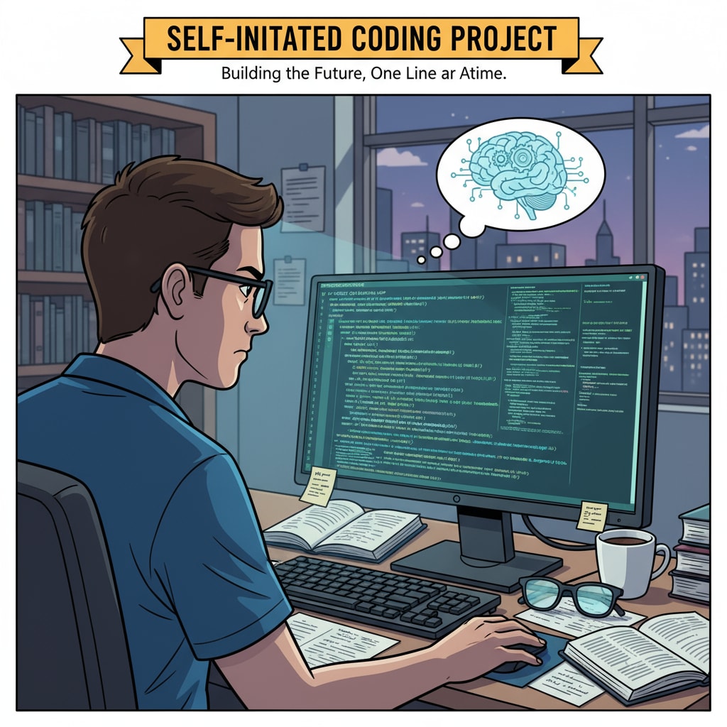 A person is shown looking intently at a computer screen filled with code, representing a self-initiated coding project, which is a great way to showcase initiative in university applications. A person working on a self-initiated coding project for university application enhancement