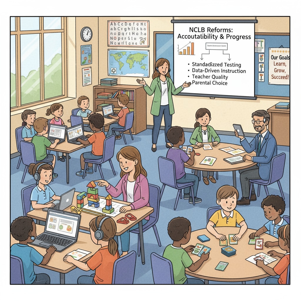 A classroom scene where students are engaged in various learning activities, which is a result of the reforms brought about by the NCLB Act. Teachers are using new teaching methods to meet the requirements of educational accountability. Classroom scene influenced by NCLB Act educational accountability and transformation