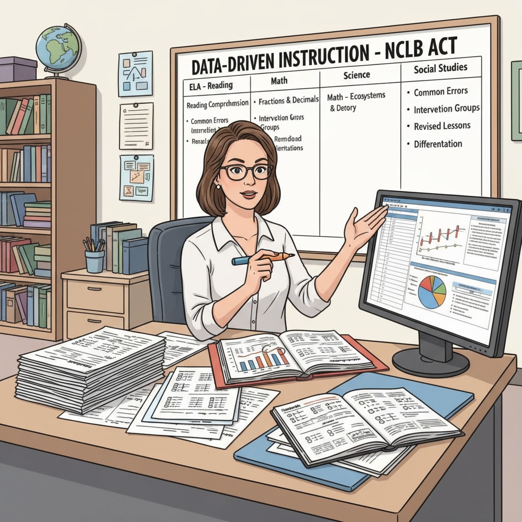 A teacher is carefully analyzing student test data to identify areas for improvement and adjust teaching strategies, reflecting the data-driven instruction promoted by the NCLB Act. Teacher analyzing student data for educational transformation under NCLB Act