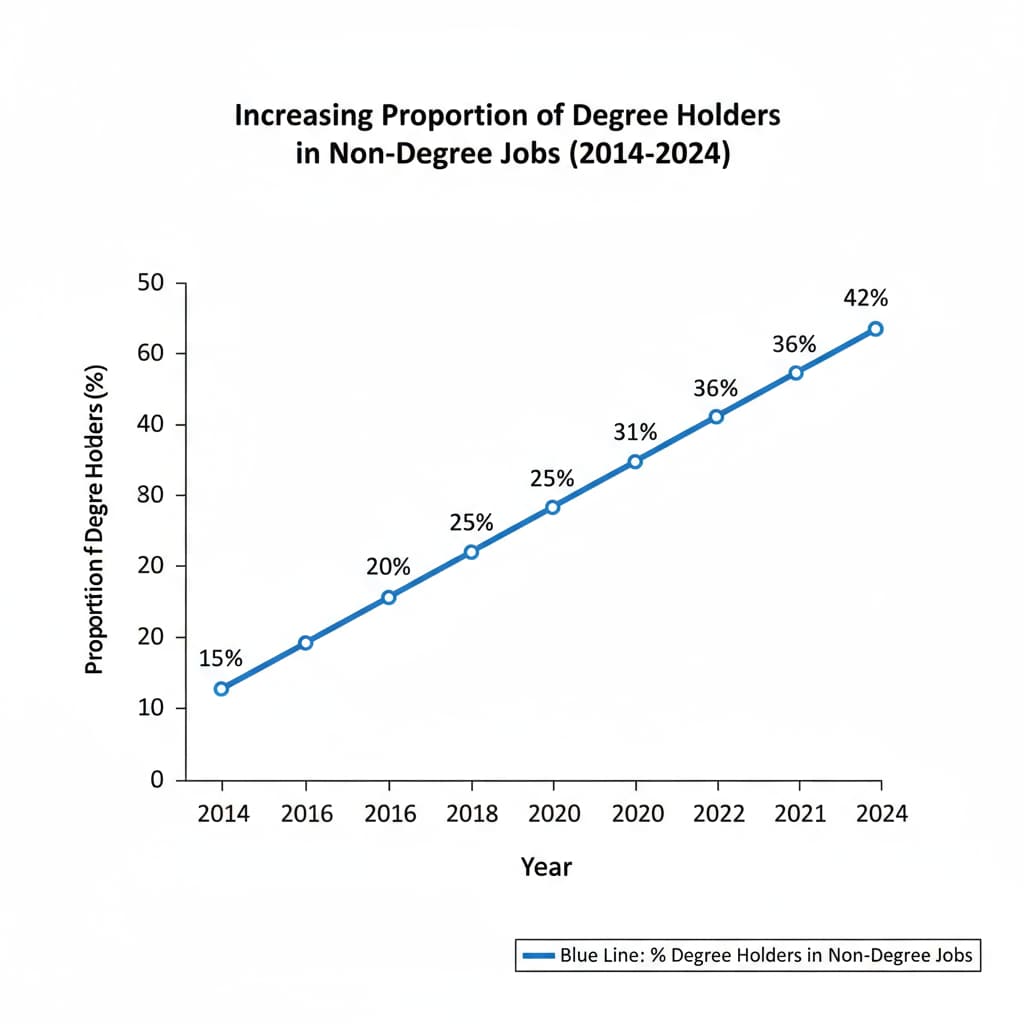 A graph presenting the increasing proportion of degree holders in non-degree-required jobs over the past decade. Graph showing the trend of degree holders in non-degree-required jobs relevant to university degrees and job market