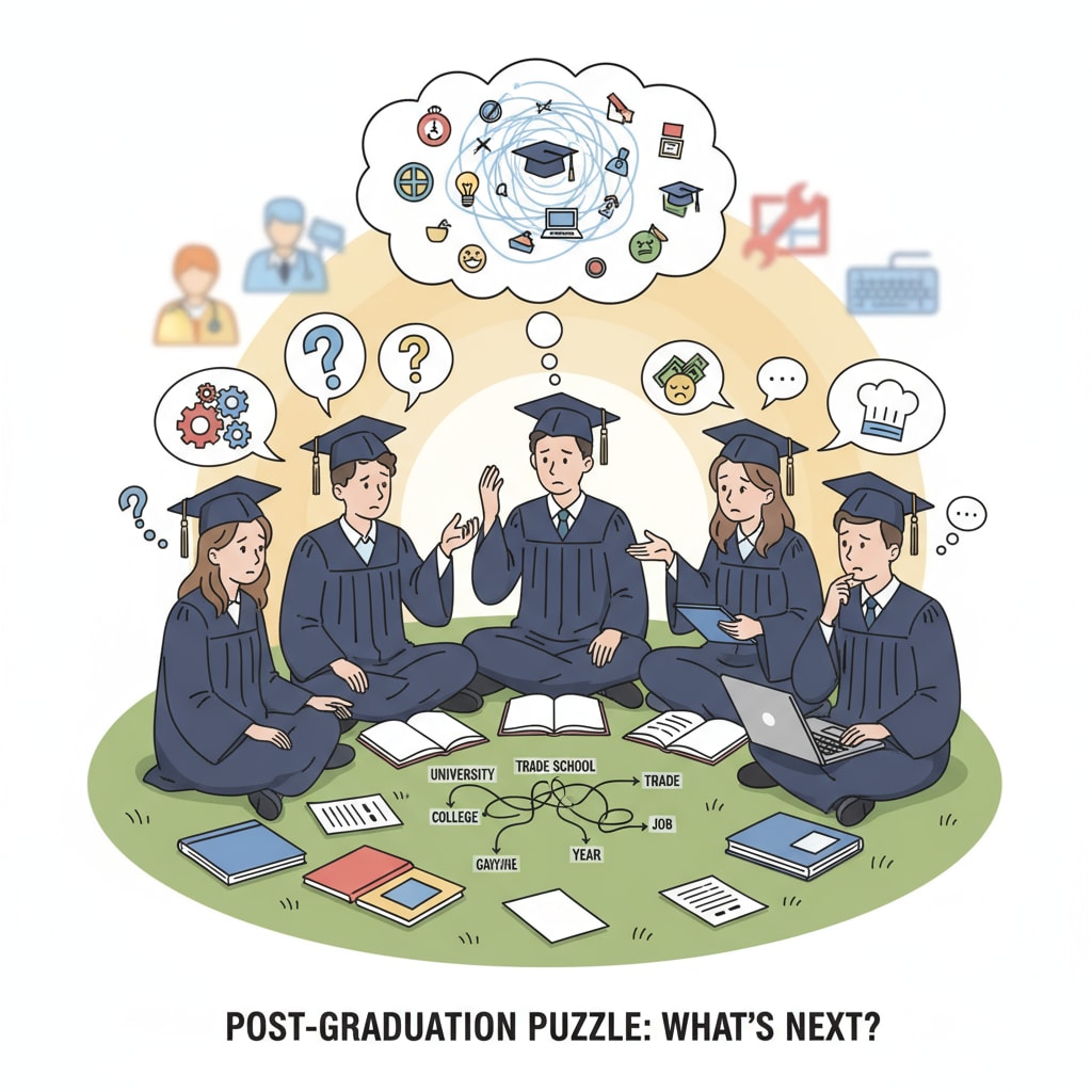 High school graduates discussing career choices, higher education, and employment prospects