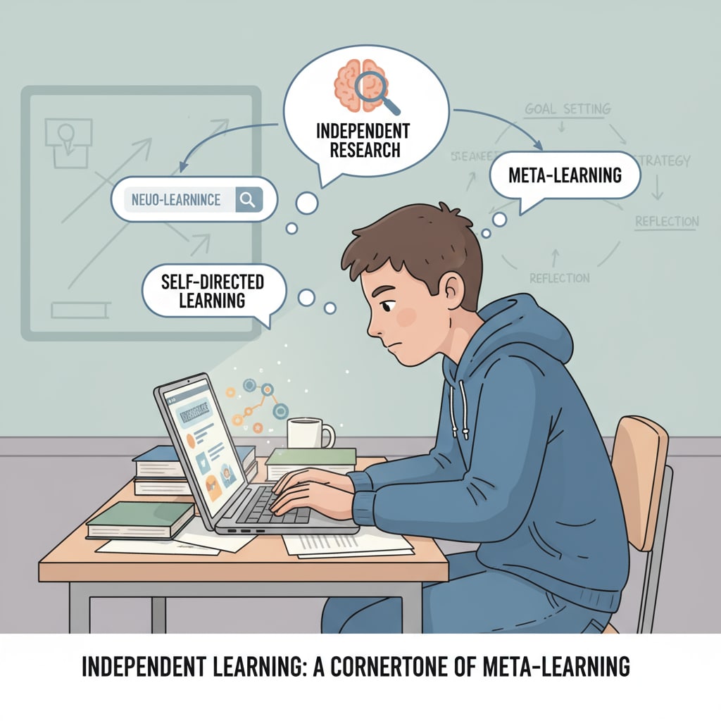A single student is sitting at a desk, concentrating on researching a topic on their laptop. This shows the process of independent learning, which is an important part of meta - learning and self - directed learning. Student engaged in meta - learning and self - directed learning by researching independently