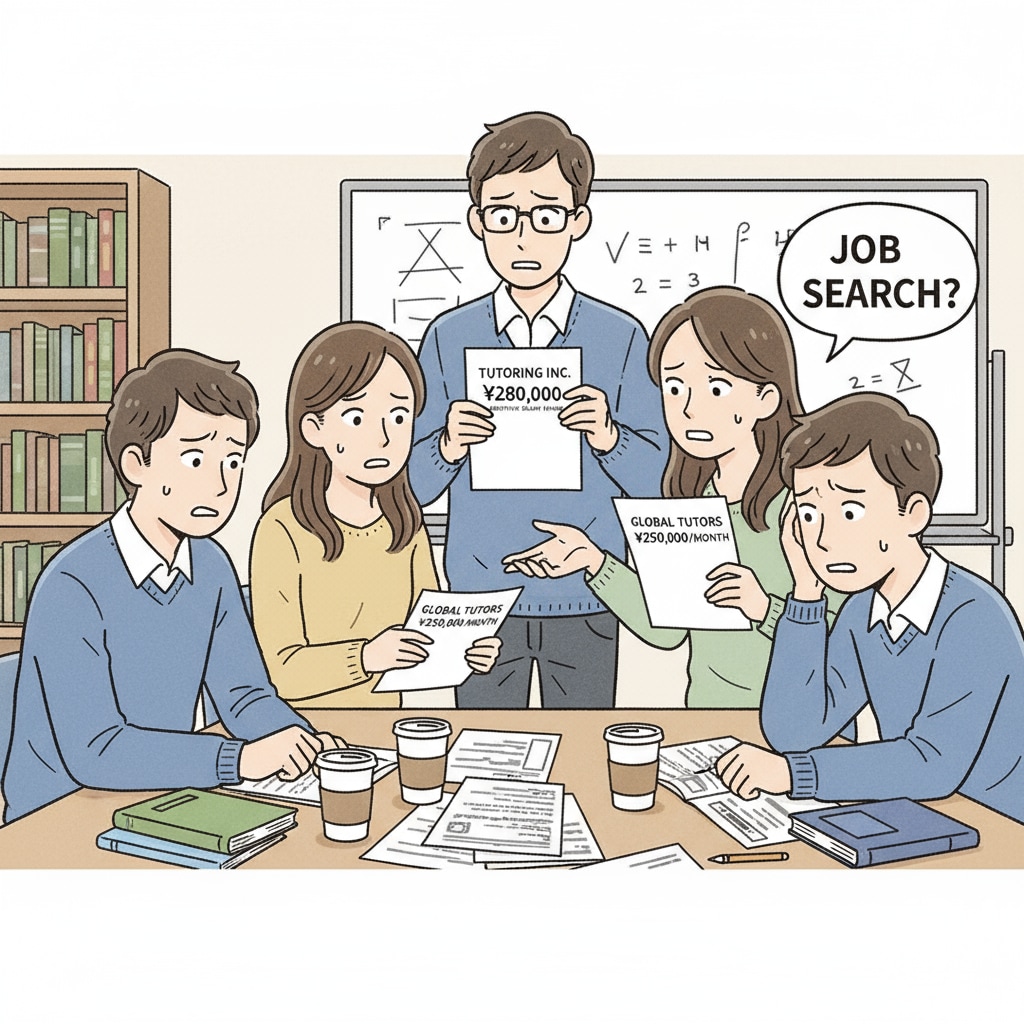 A group of university graduates are sitting together, looking worried as they discuss job offers from tutoring companies. Some are holding papers with salary details. University graduates worried about low salaries from tutoring companies