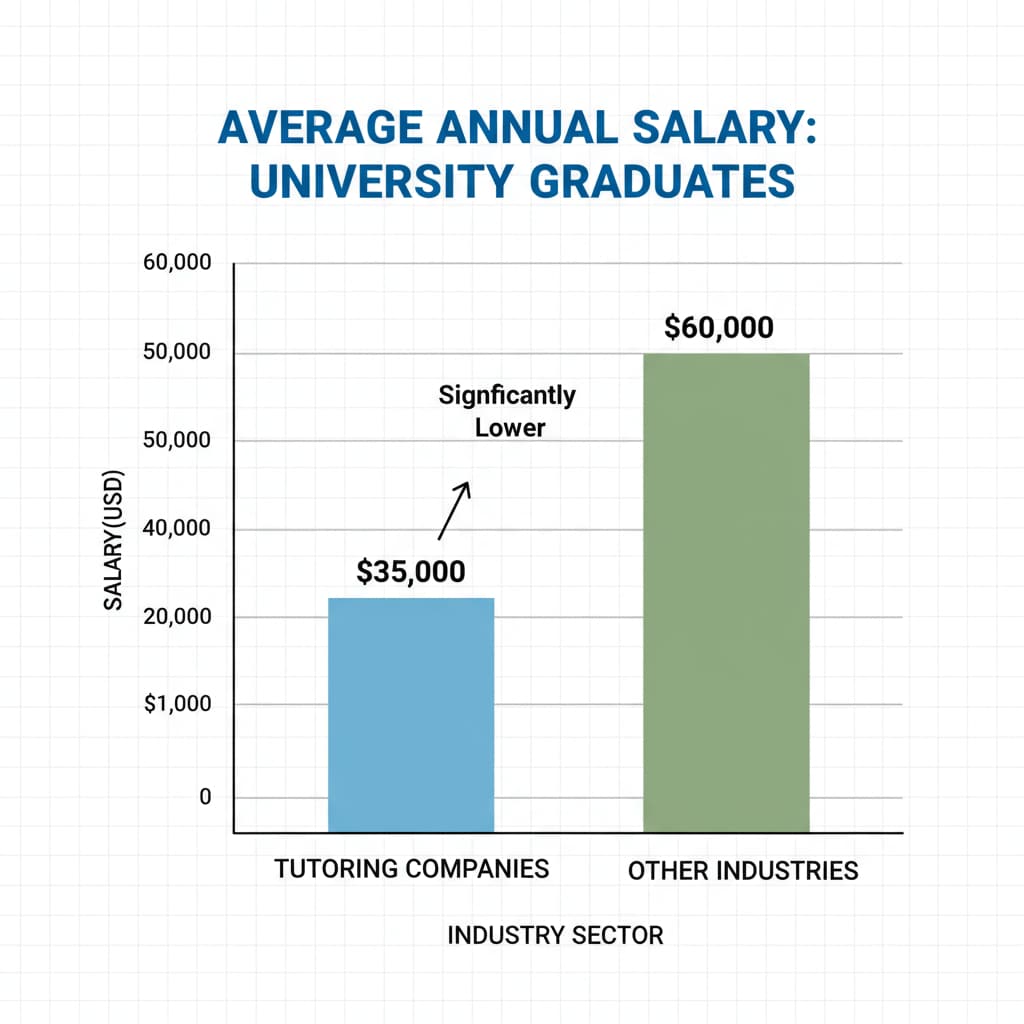 A bar graph comparing the average salaries of university graduates working in tutoring companies and those in other industries. The bar for tutoring companies is significantly lower. Salary comparison of university graduates in tutoring companies and other industries