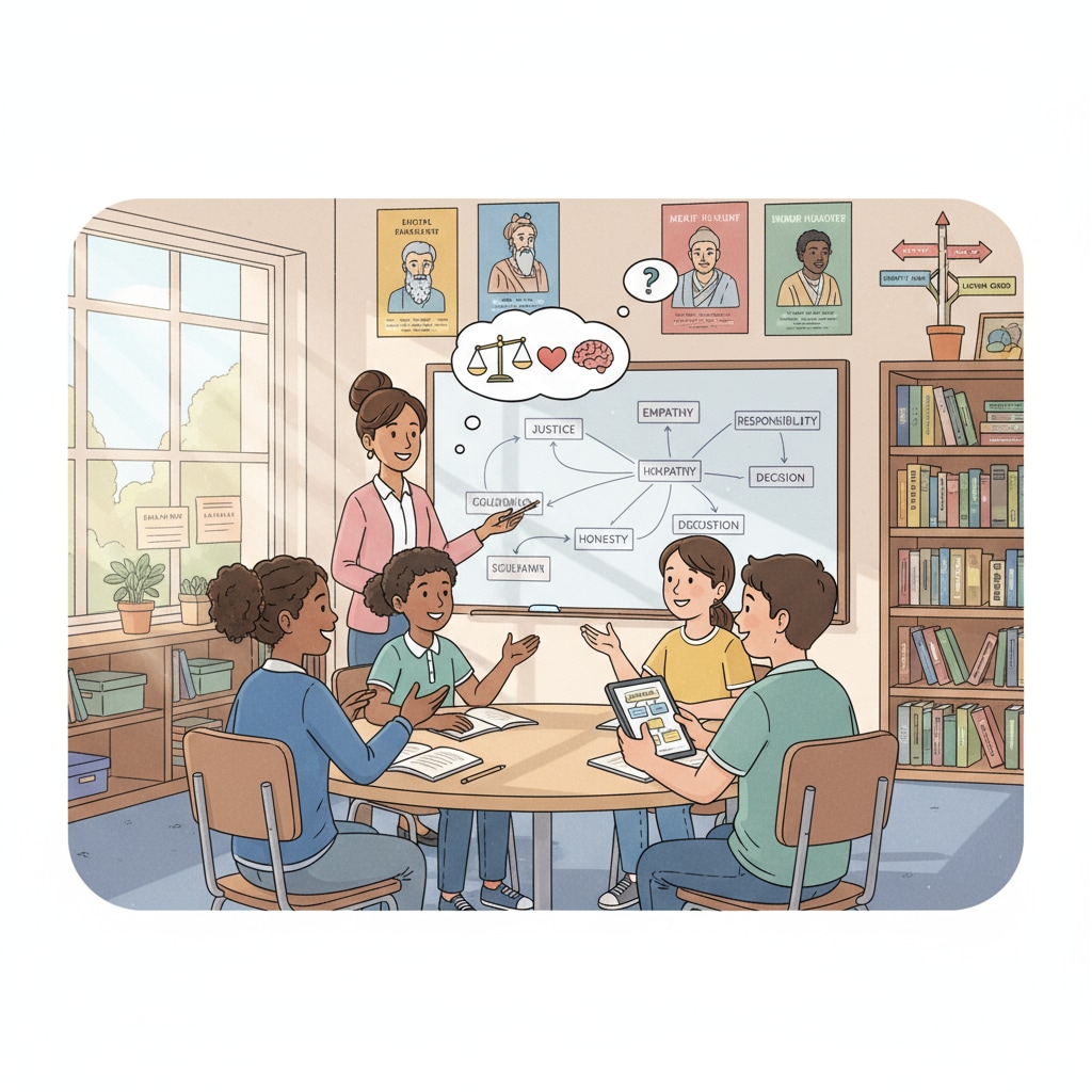 Students discussing moral philosophy, ethics, empathy, and social responsibility in a classroom