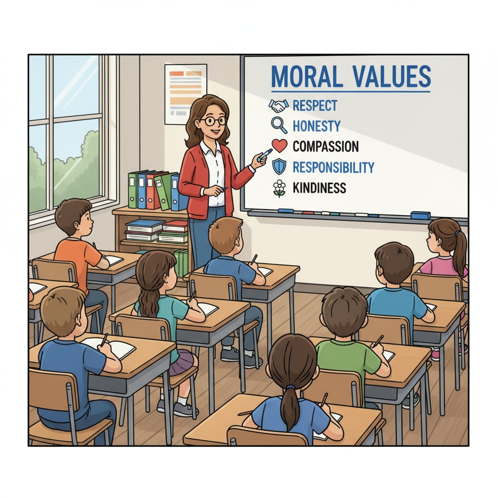 Students learning about moral philosophy, ethics, empathy, and social responsibility in a class