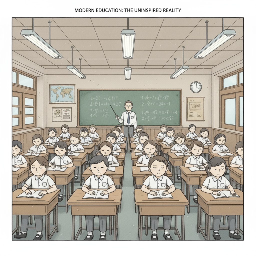 A classroom showing the lack of curiosity due to the obedience-driven school system.