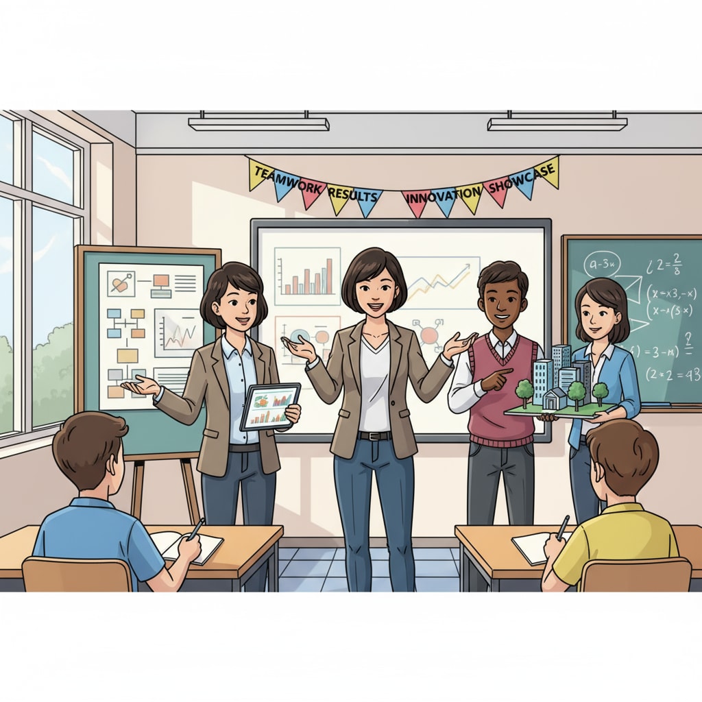 Students are presenting the results of their teamwork in front of the class, showing confidence and good communication skills. Students presenting teamwork results in class to enhance soft skills relevant to workplace readiness.