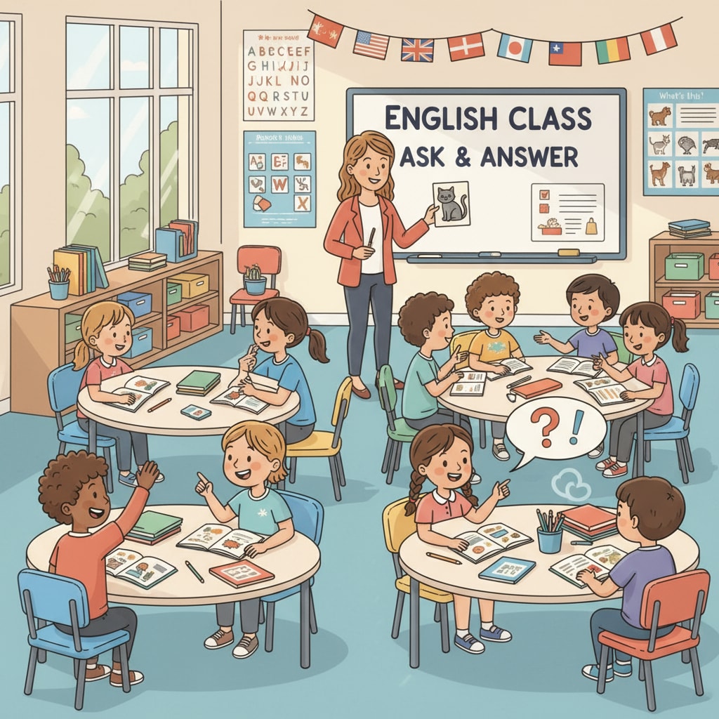 A group of primary school students are sitting around tables, actively participating in an English language class. Some are raising their hands to answer questions, while others are engaged in discussions. Second language teaching in early primary, with students actively involved in an English class