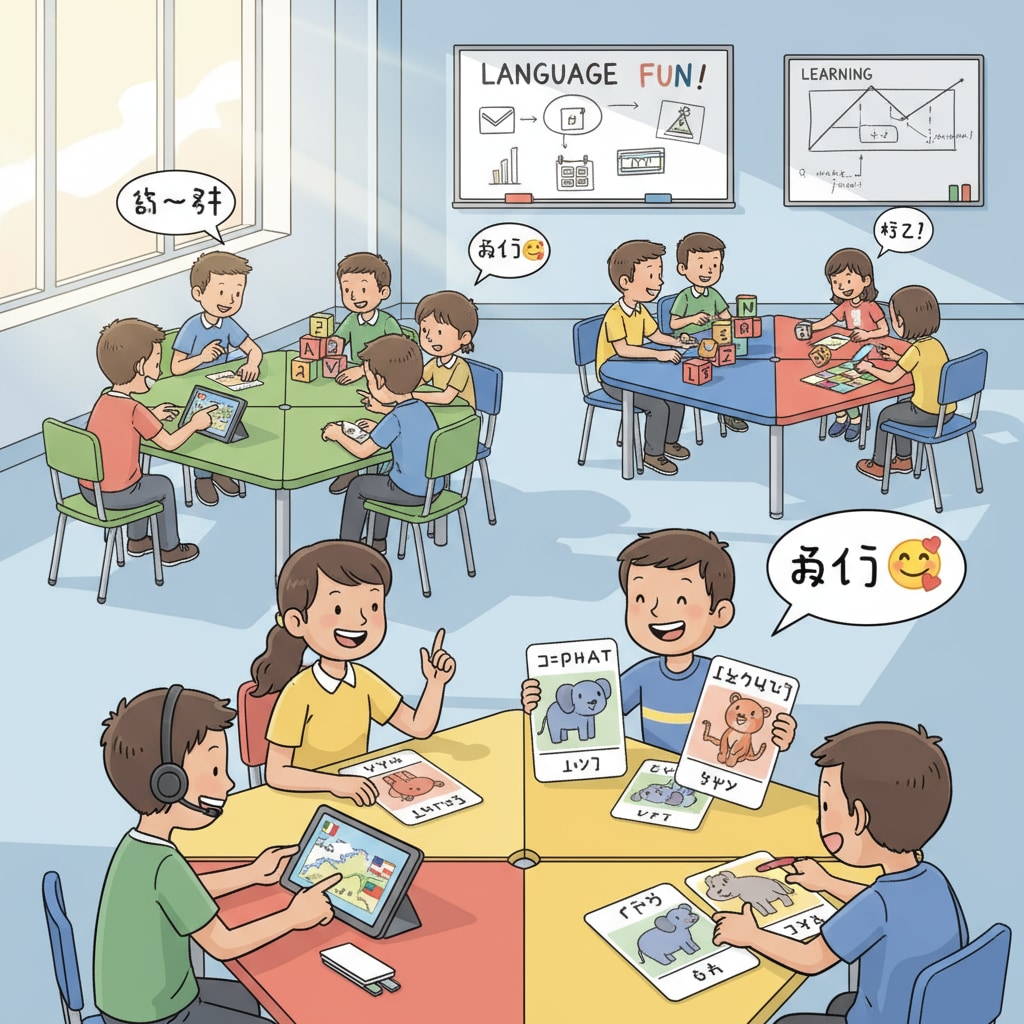 Students are playing language learning games in the classroom. They are divided into groups, laughing and interacting while using the second language. Second language teaching in early primary, students playing language learning games
