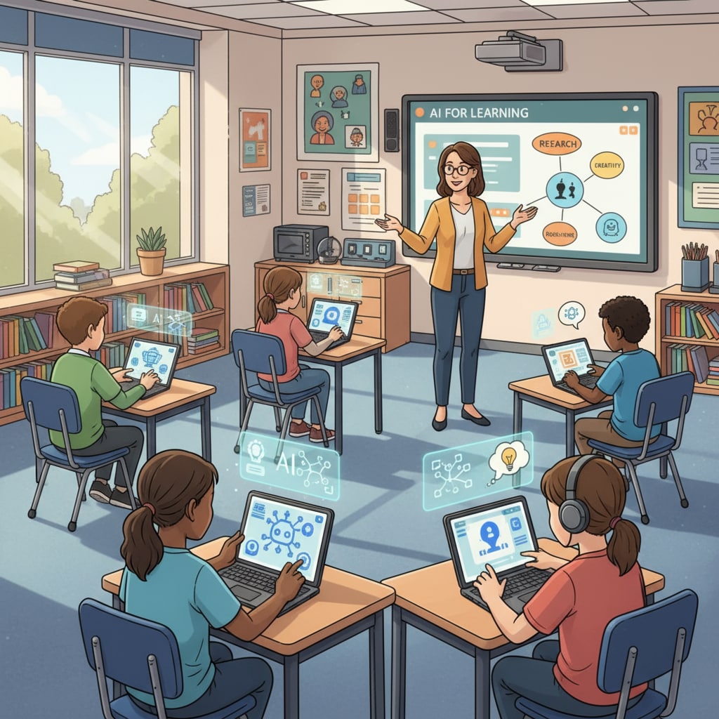K12 students using AI tools in a classroom related to AI policies, academic integrity, and skill values