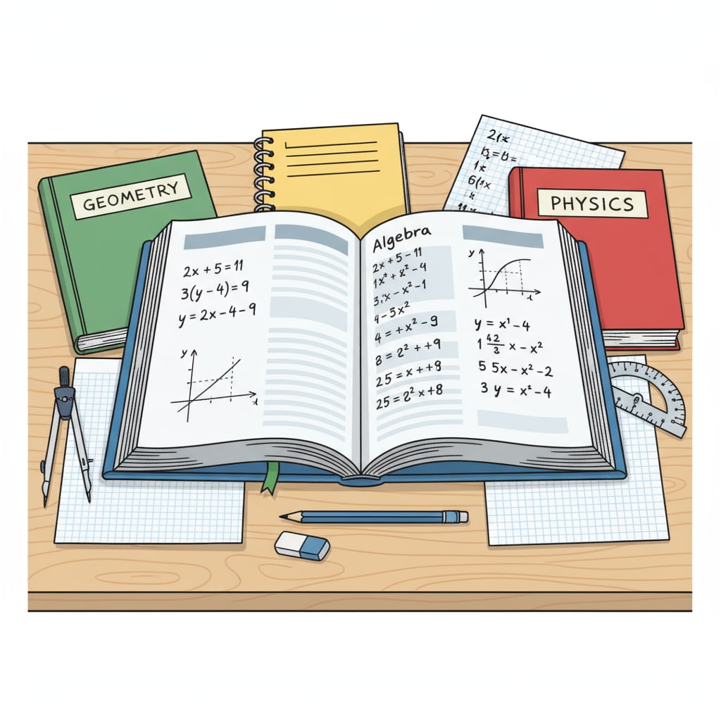 A collection of high school workbooks neatly arranged on a study desk, with some algebra-related pages visible. The workbooks are of different sizes and colors, and some pages show algebraic equations and graphs. High school workbooks for basic knowledge review, with a focus on algebra