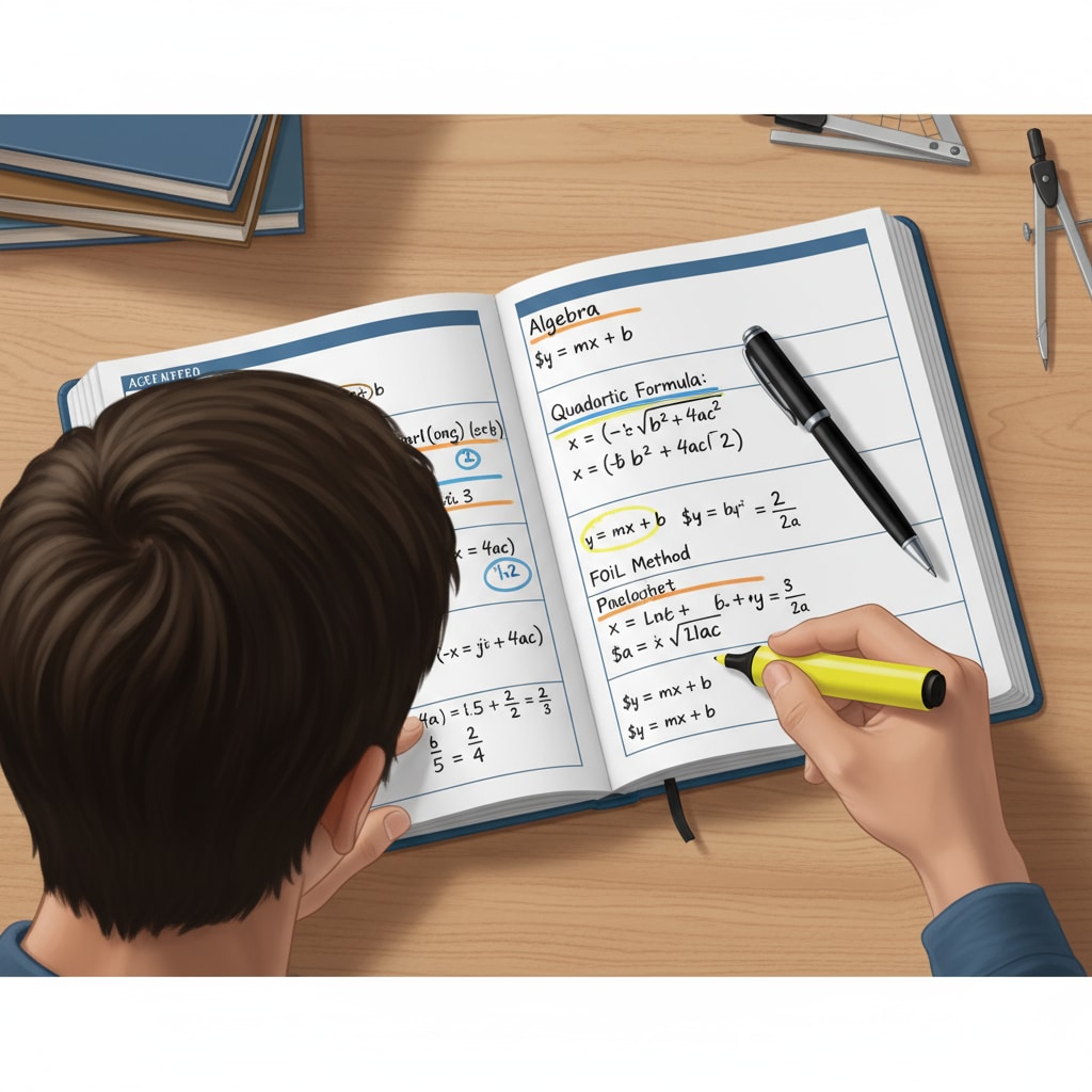 A student carefully studying an algebra workbook, highlighting important formulas. The student is sitting at a desk with a pen in hand, intently looking at the workbook and making markings. Student studying an algebra workbook for high school basic knowledge review