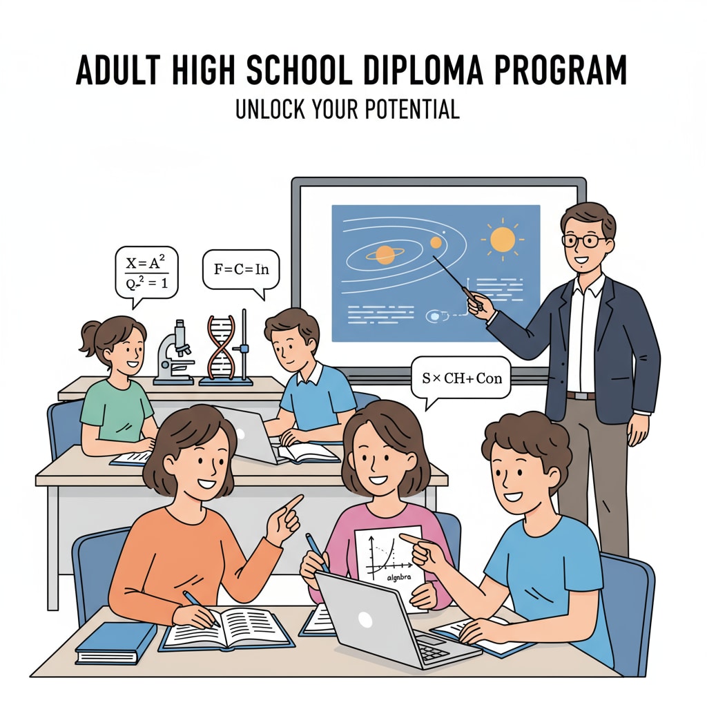 A classroom scene with adult students engaged in learning activities related to high school diploma courses. Adult students in a classroom setting for high school diploma education using free educational resources.