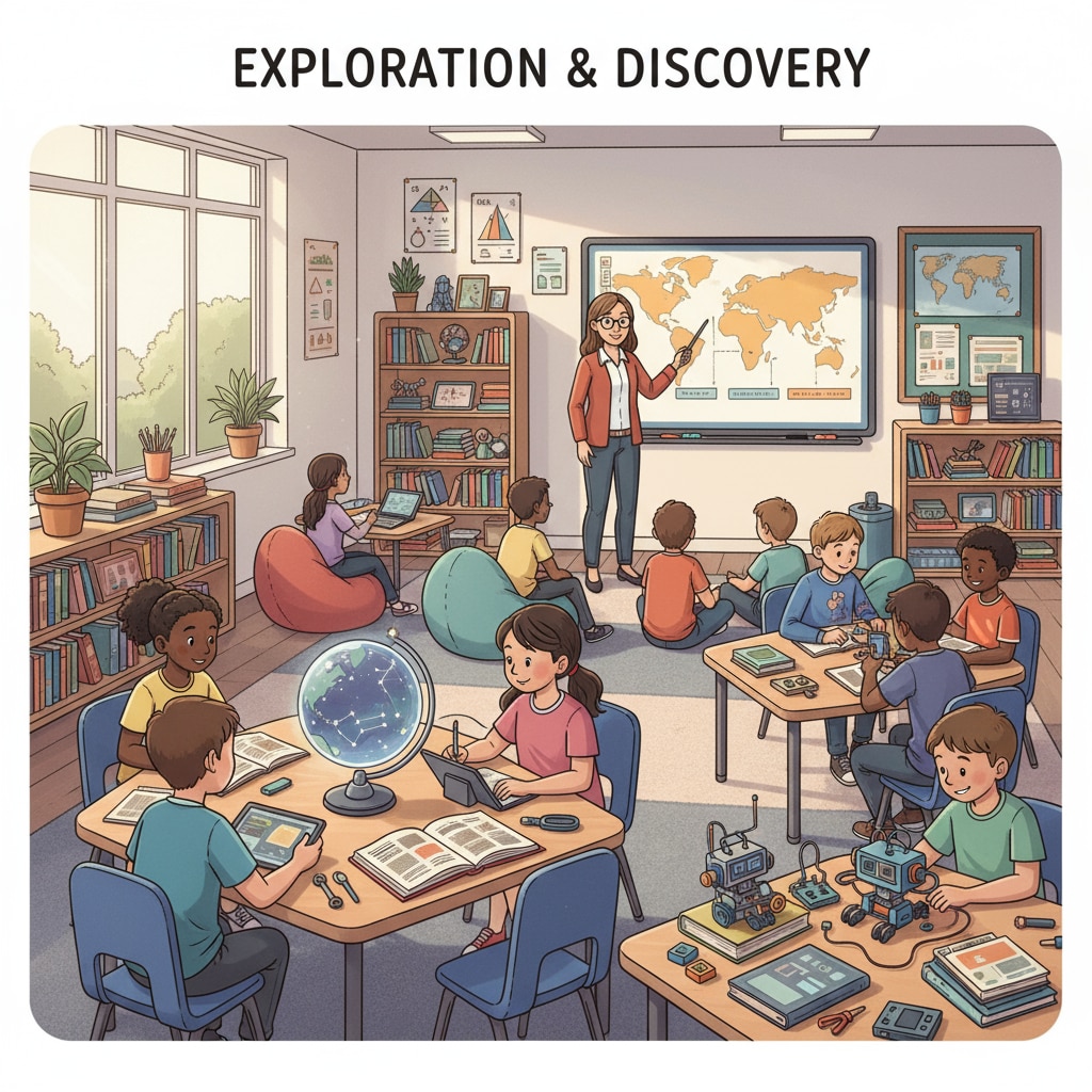 K12 students in a modern classroom setting, actively involved in learning different subjects, contributing to their journey of becoming lifelong learners and achieving success.