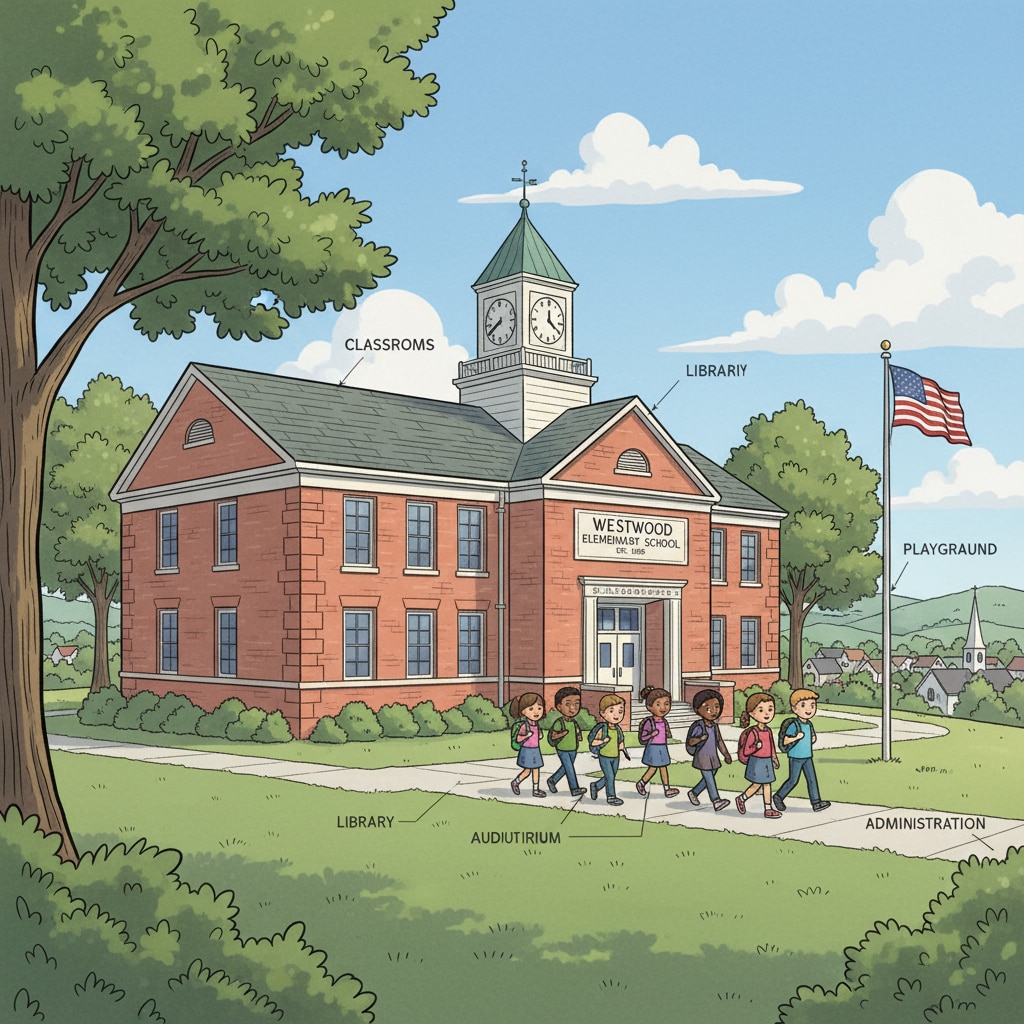 A public school building in a small town standing alone, with a sense of isolation A solitary public school building in a small town, highlighting school independence and community separation