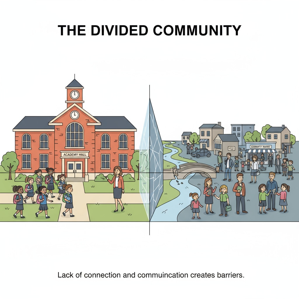 A picture showing a divided community with the school on one side and the rest of the community on the other A divided community with the school separated from the rest, depicting the impact of school independence on community separation