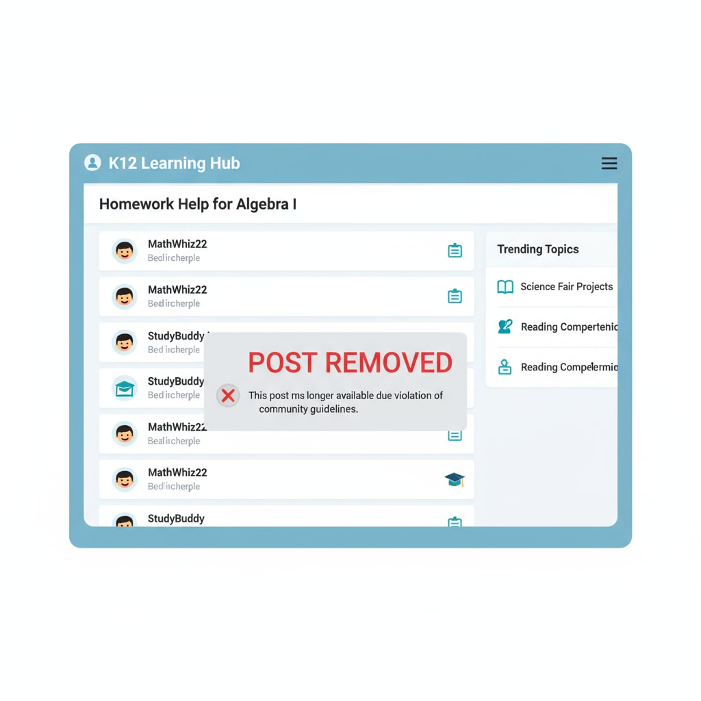 A screenshot of a K12 education forum shows a particular post that was removed, with a notice indicating it's no longer available. Screenshot of a K12 education forum with a removed post related to PLC discussion