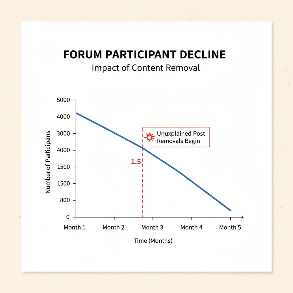 A line graph depicts a downward trend in the number of forum participants over time, following a series of unexplained post removals. Graph showing the decline in forum participation due to unexplained post removals in PLC discussions