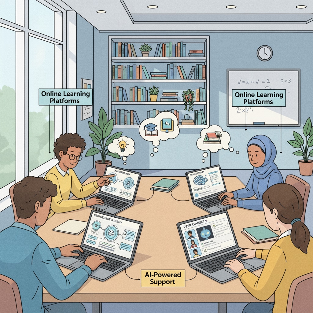 Multiple students are shown using laptops with various online learning platforms open on their screens, indicating the use of alternative platforms for academic support. Students using online learning platforms to get academic help due to autism learning difficulties