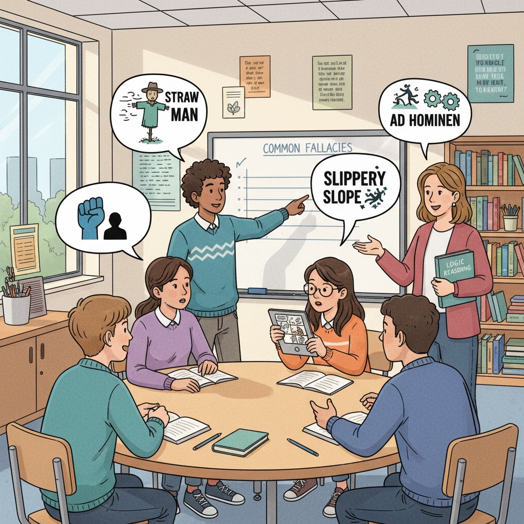 A group of high school students are engaged in a lively discussion about logical fallacies in a classroom setting. The teacher is standing by, observing and guiding the conversation. High school students discussing logical fallacies to develop critical thinking and propaganda recognition skills