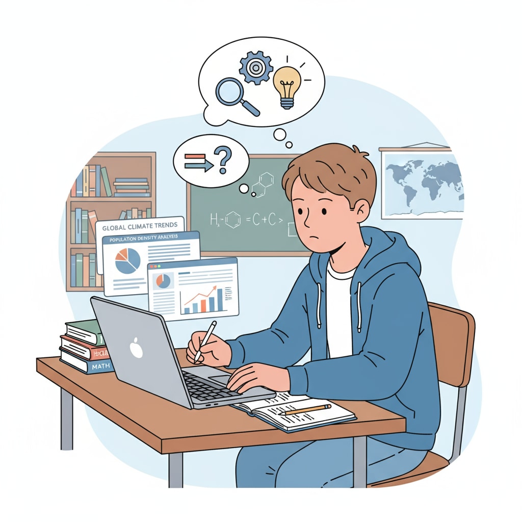 A high school student is sitting at a desk, using a laptop to research information. The student is carefully analyzing the data, applying critical thinking skills. High school student using a laptop to research and analyze information for better critical thinking and propaganda recognition