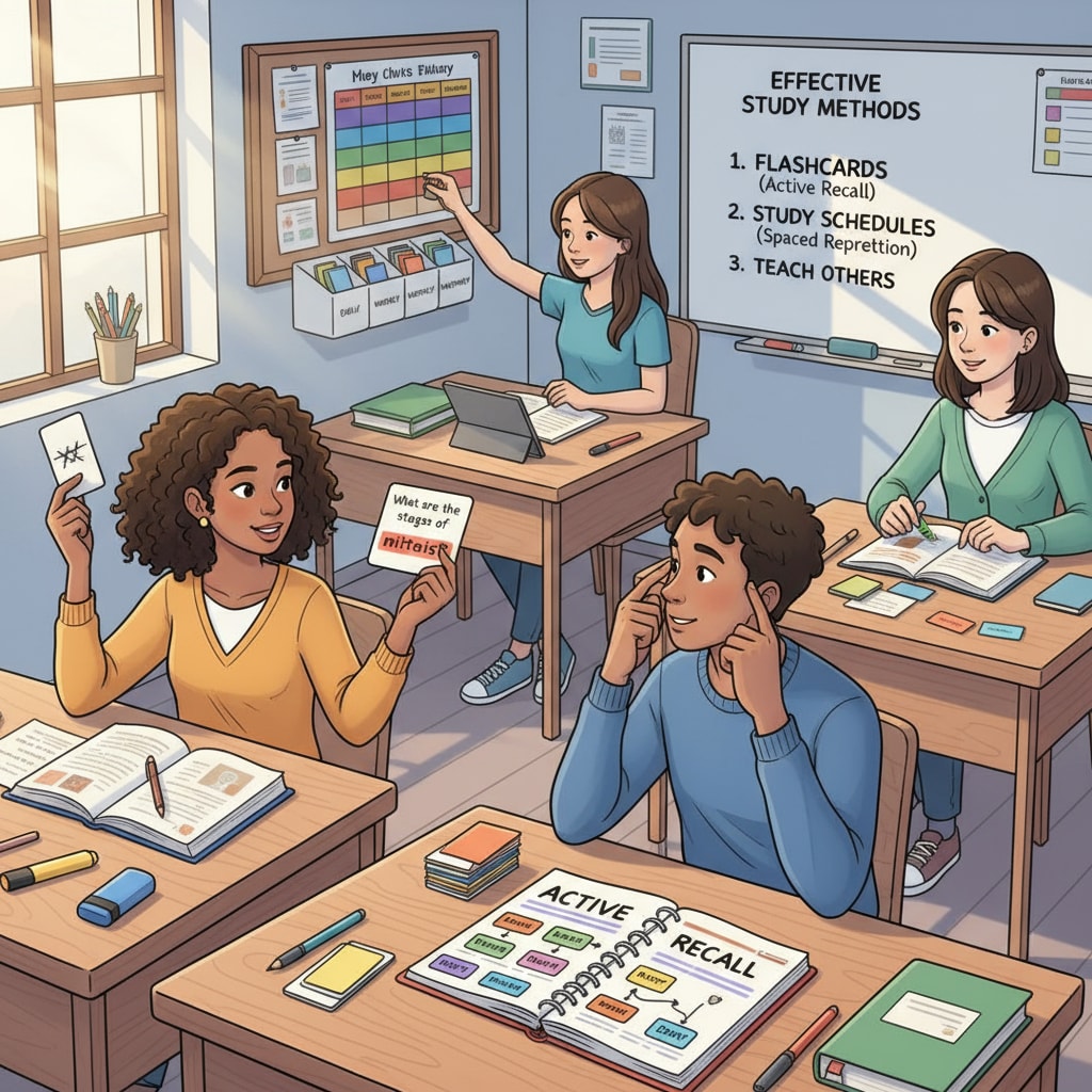 An illustration showing students sitting at desks, using flashcards and study schedules to practice active recall and spaced repetition in a study environment. Students practicing law school learning methods of active recall and spaced repetition in a study setting.