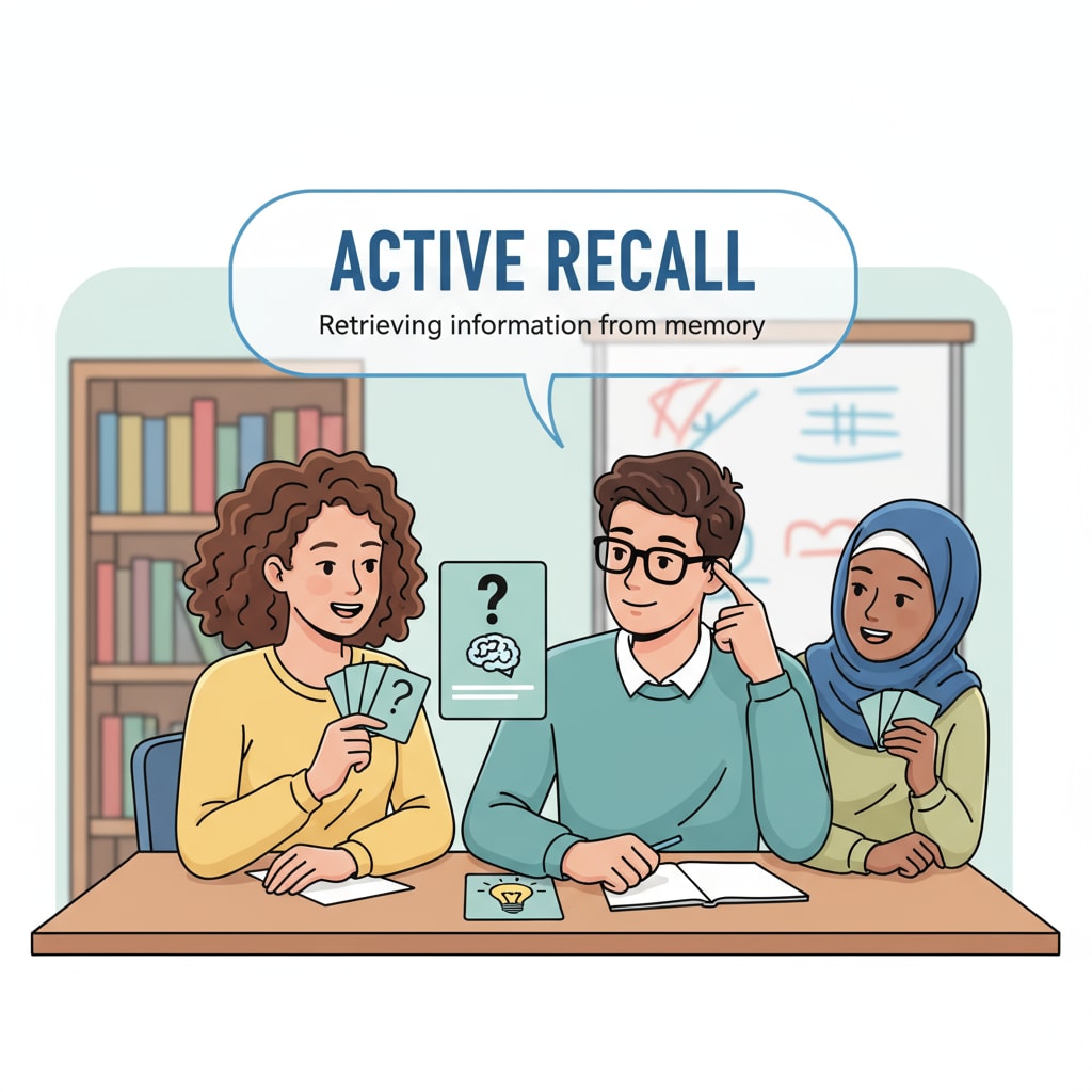 A close-up image of students using flashcards to quiz each other, demonstrating active recall. Students using flashcards for active recall in an educational context.