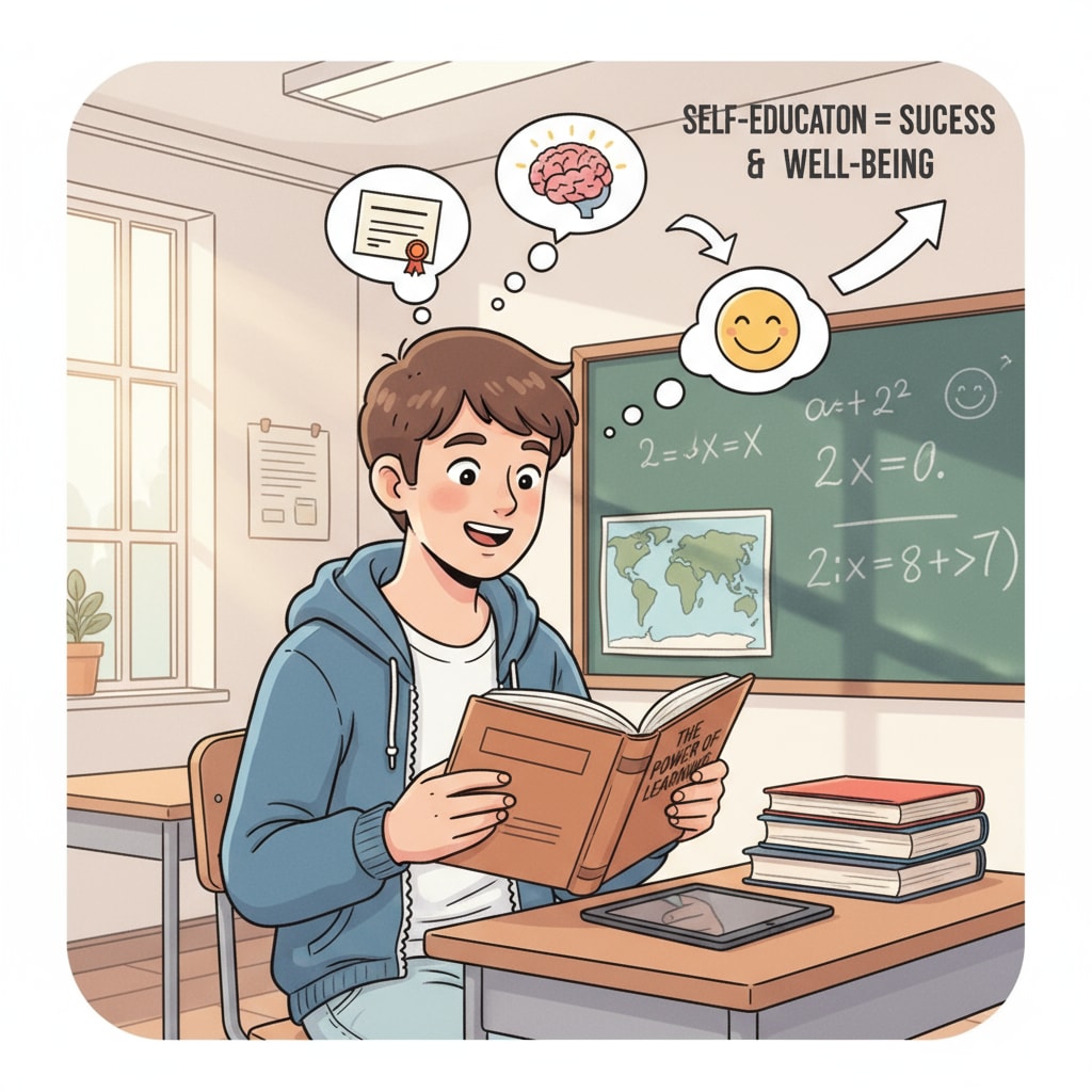 A student is smiling while reading a book, demonstrating a positive attitude towards learning, which is an important part of self-education for improving high school performance and quality of life. A positive student engaged in self-education for better high school performance and quality of life