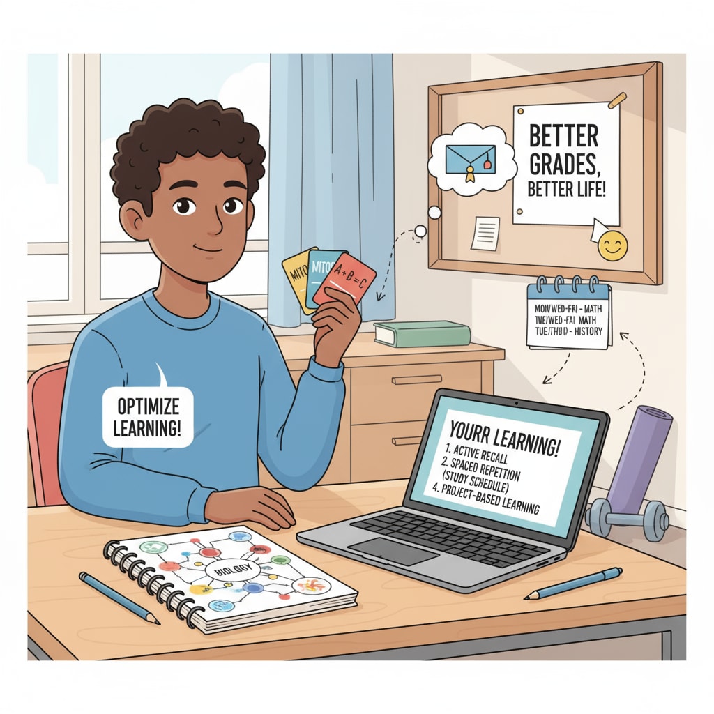 A student is using various learning tools such as flashcards and a laptop to study, showing different ways of optimizing learning methods for self-education to enhance high school performance and quality of life. A student optimizing learning methods for self-education to improve high school performance and quality of life