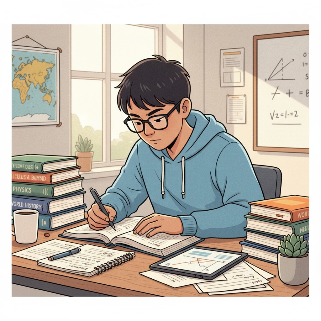 A student sitting at a desk, with books and papers spread out, looking focused and determined to improve their learning situation. A student preparing for educational remedy after poor high school performance