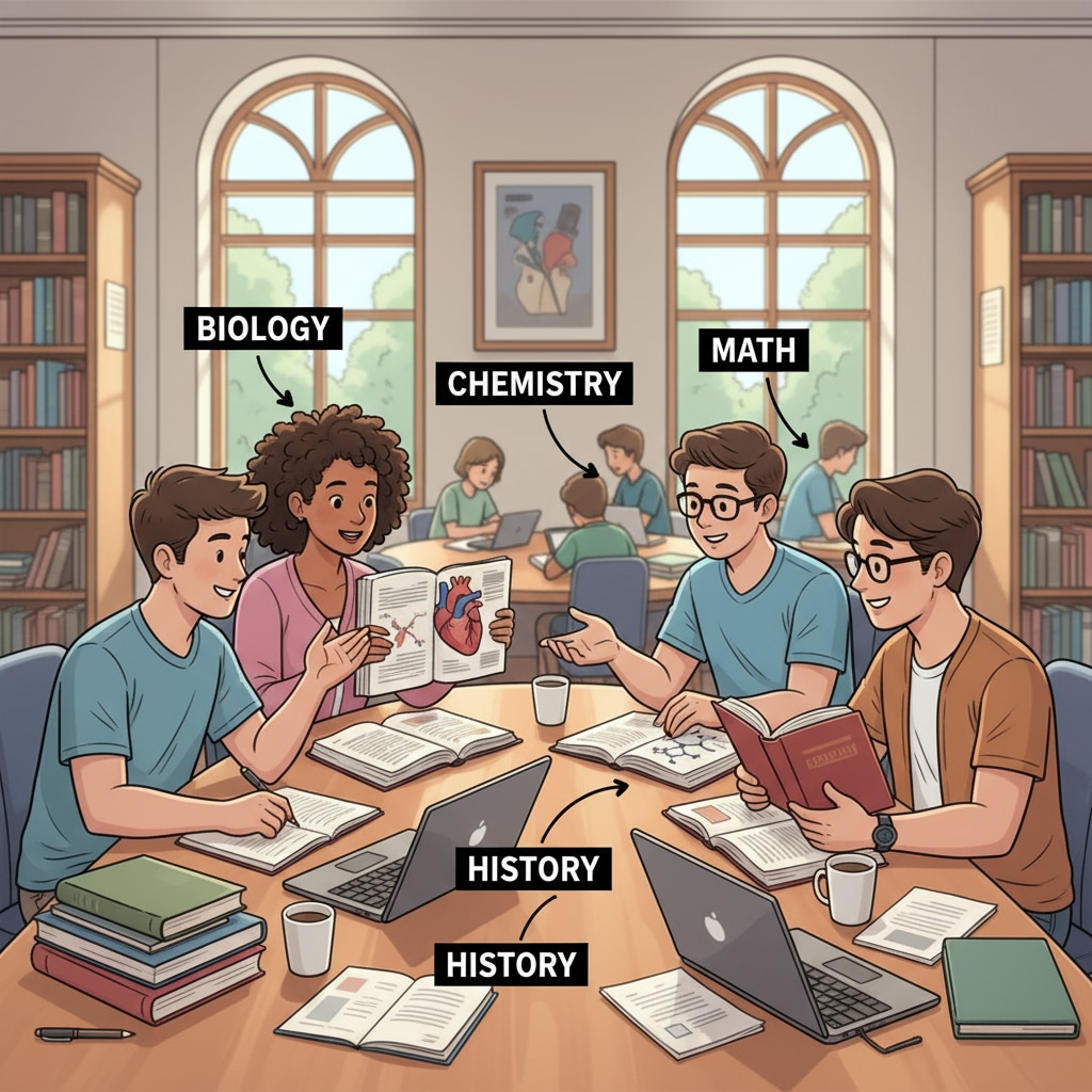 A group of students sitting around a table in a library, sharing books and discussing study topics. Students engaged in collaborative learning as part of educational remedy after high school performance issues