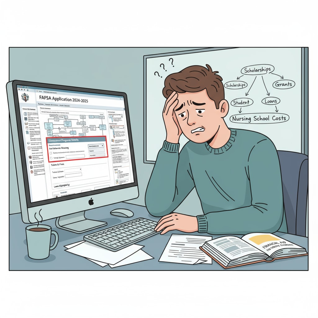 A student is viewing FAFSA application forms on a computer screen, looking concerned. This represents the challenges faced when applying for FAFSA for nursing education. Student viewing FAFSA application forms for nursing education